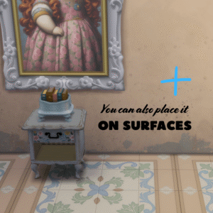 Tablette avec gâteau dans *Les Sims 4* sur surface décorative.