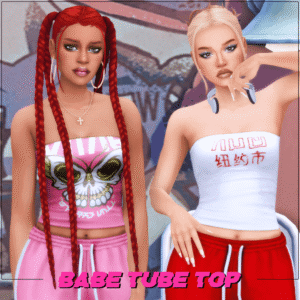 Deux avatars du jeu Sims 4 en tenues colorées, style tube top