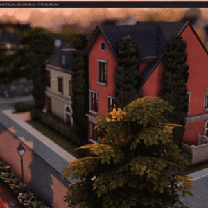 Maison colorée dans un quartier du jeu Les Sims 4, vue aérienne.