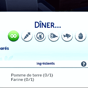 Cuisine dans *Les Sims 4* : plat 'Pyzy' avec ingrédients et niveau de compétence.