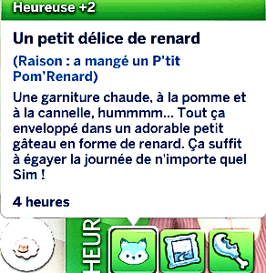 Cadeau gâteau renard dans *Les Sims 4* : +2 Heureux, 4h de bonheur.