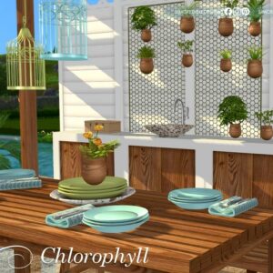 Cuisine extérieure style Sims 4 avec plantes et décoration pastel