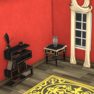 Salon style Sims 4 avec étagères, table et tapis coloré