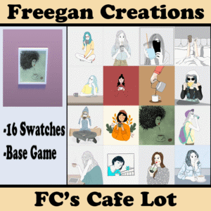 Créations Freegan pour le jeu Les Sims 4 - Lot Café avec 16 variantes.