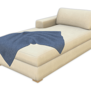 Canapé-lit beige avec couverture bleue, style *Les Sims 4*