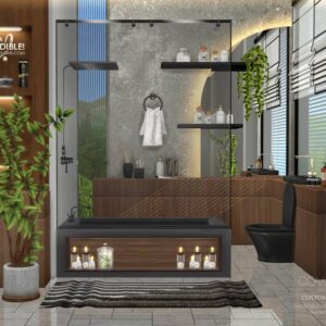 Salle de bain moderne pour *Les Sims 4* avec meuble sous vasque éclairé