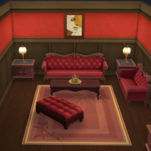 Salon élégant du jeu Les Sims 4, style victorien rouge.