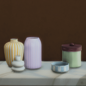 Vases et objets décoratifs dans *Les Sims 4* sur étagère