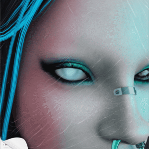Illustration numérique d'un visage stylisé, inspiré de *Les Sims 4*, avec motifs cyberpunk.