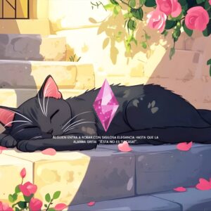 Chat noir endormi avec un diamant rose, jeu Les Sims 4, ambiance jardin.