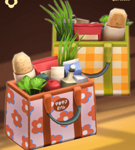 Poche à provisions colorée du jeu Les Sims 4 avec légumes et panier