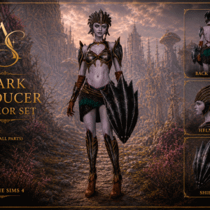 Ensemble d'armure Dark Seducer pour The Sims 4, incluant armure complète, casque et bouclier