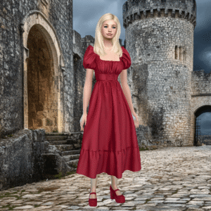 Jeune femme dans robe rouge médiévale, jeu *Les Sims 4*