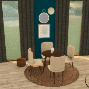 Salle à manger Sims 4 avec table ronde et décor cosy