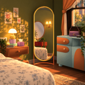 Chambre du jeu *Les Sims 4* avec miroir, meubles colorés et décor floral.