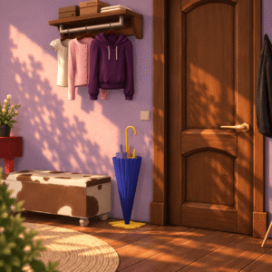 Entrée de maison dans Sims 4 avec vêtements suspendus, parapluie et meubles.