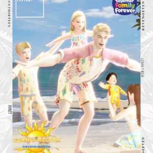 Collection été 2026 Sims 4 : H13N x RVN27, famille en maillot de bain sur plage ensoleillée