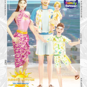 Collection été 2026 pour Les Sims 4, famille en tenue de plage colorée.