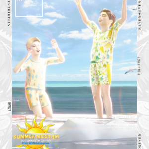 Collection été 2026 Sims 4 : H13N x RVN27, vêtements de plage colorés sur plage ensoleillée