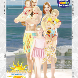 Collection été 2026 Sims 4, famille en maillot de bain sur plage, collaboration H13N x RVN27