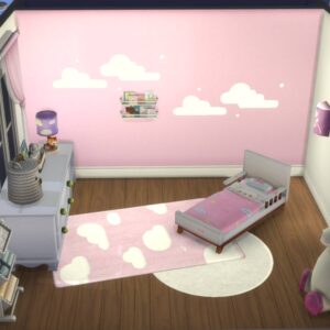Chambre d'enfant dans *Les Sims 4*, décorée en rose pastel