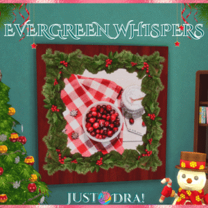 Décoration de Noël dans *Les Sims 4* : nappe à carreaux avec fruits et décorations en sapin.