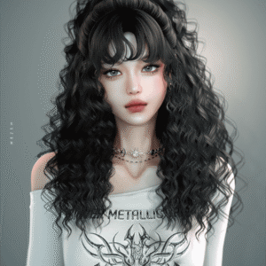 Illustration numérique d'un personnage Sims 4 aux cheveux longs et style métallique
