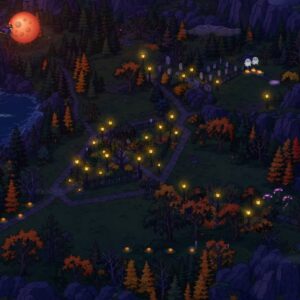 Village nocturne des Sims 4 avec cimetière éclairé et cascade