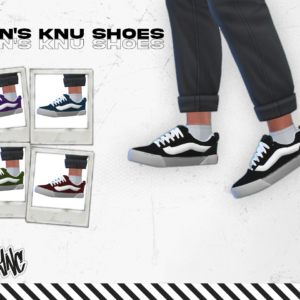 Chaussures KNU pour hommes dans The Sims 4, quatre modèles variés.