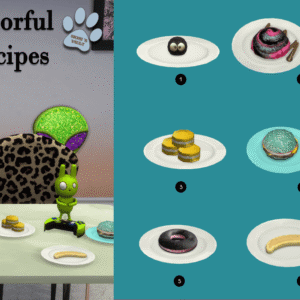 Recettes colorées du jeu *Les Sims 4* avec personnages et plats.
