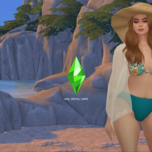 Personnage du jeu Les Sims 4 en maillot de bain sur plage virtuelle