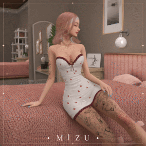 Personnage féminin du jeu Les Sims 4, Mizu, en robe blanche à motifs.