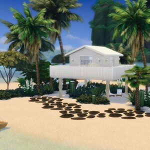 Maison sur pilotis tropicale dans *Les Sims 4*, plage avec voilier.