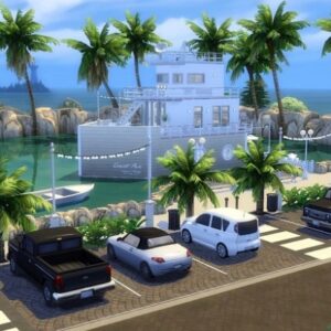 Scène de bord de mer dans *Les Sims 4* avec voitures et paquebot.