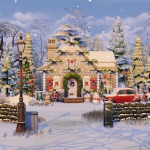Maison décorée de Noël dans *Les Sims 4*, village enneigé