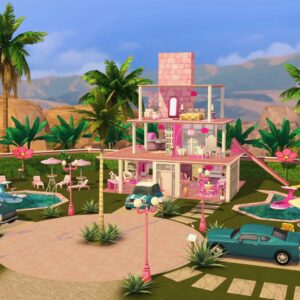 Scène colorée de villa tropicale dans *Les Sims 4* avec piscine et voitures rétro