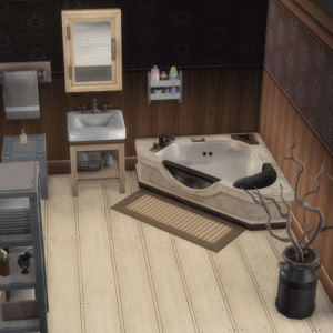 Salle de bain du jeu Les Sims 4 avec baignoire et meubles en bois