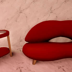 Canapé et table rouge style Sims 4 sur fond texturé