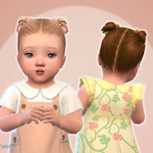 Deux enfants virtuels du jeu Sims 4, habillés de robes colorées.