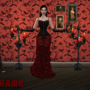 Femme élégante dans une pièce gothique du jeu Les Sims 4