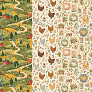 Motifs champêtres et animaux pour *Les Sims 4* : poules, fermes et outils.