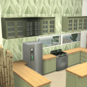 Cuisine du jeu Sims 4 avec meubles verts et appareils électroménagers