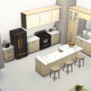 Cuisine moderne du jeu *Les Sims 4* avec îlot central