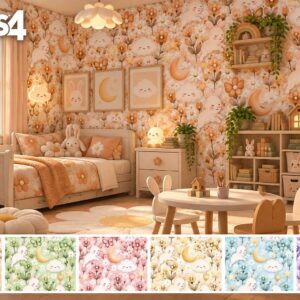 Chambre d'enfant mignonne dans The Sims 4 avec décors pastel et choix de murs