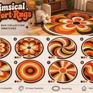 Collection de tapis rétro colorés pour The Sims 4, 8 motifs disponibles.