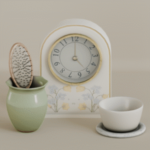 Horloge et objets décoratifs style Sims 4, vue d'intérieur.