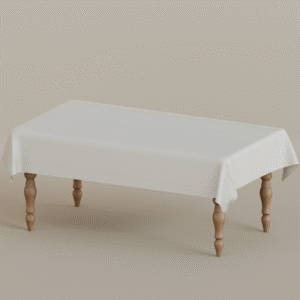 Table basse style Sims 4 avec pieds en bois et nappe blanche