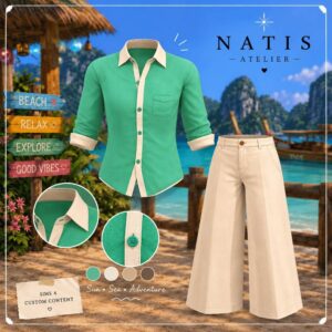 Chemisier vert et pantalon beige Sims 4, tenue été aventureux atelier Natis