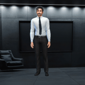 Personnage masculin en costume dans *Les Sims 4*, salon moderne