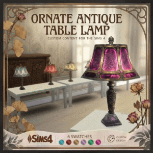 Lampe de table antique ornée pour The Sims 4, 6 coloris disponibles.